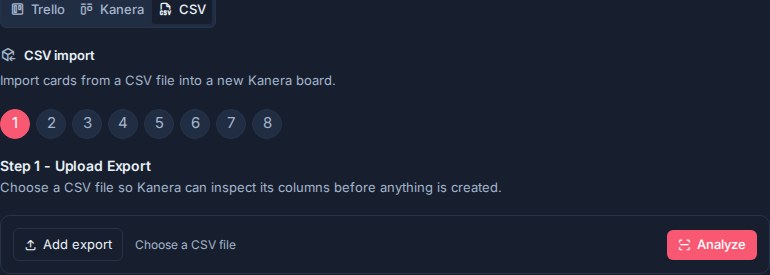 The CSV import upload step in Kanera workspace settings, ready for a CSV export.