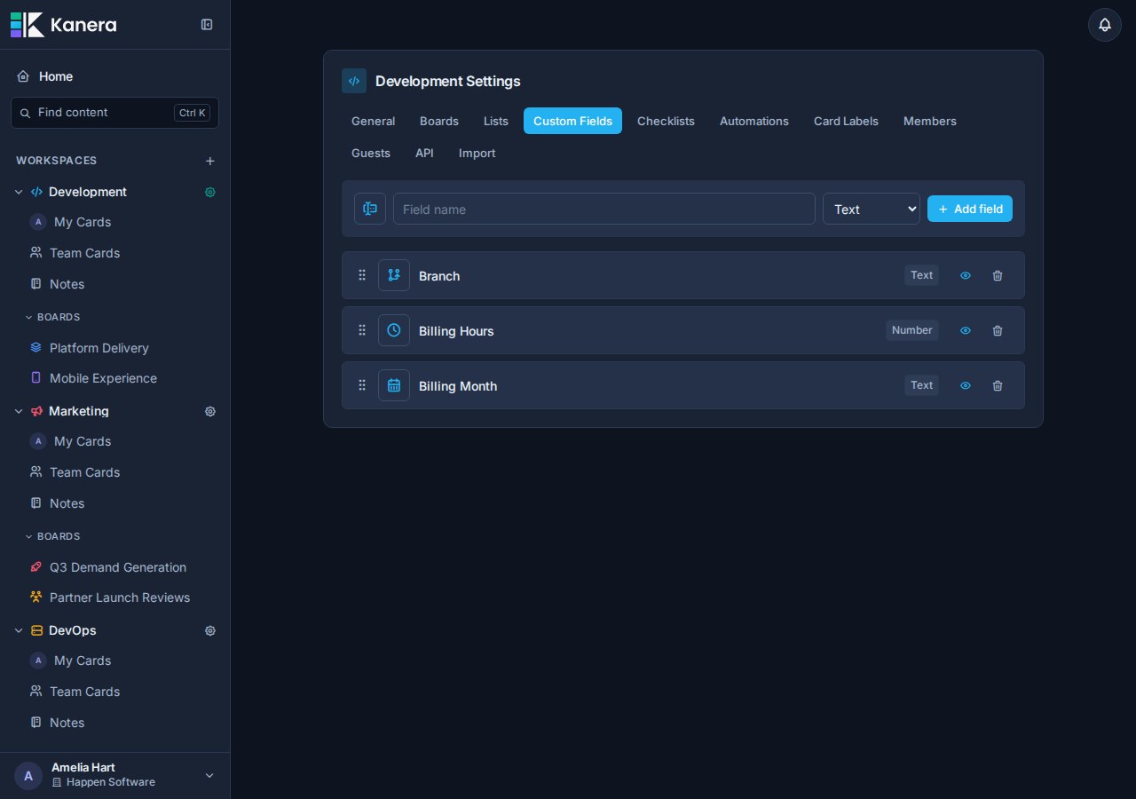 Workspace custom field settings in Kanera.