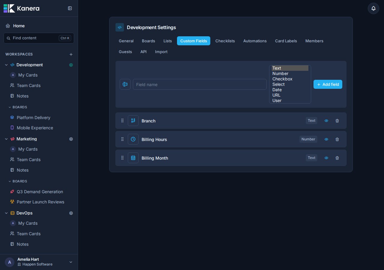 The custom field type picker includes Text, Number, Checkbox, Select, Date, URL, and User.