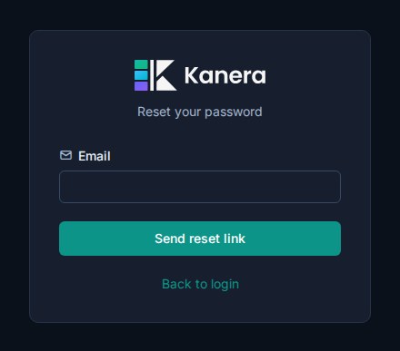 The Kanera password-reset form in dark mode with the email and Send reset link controls.
