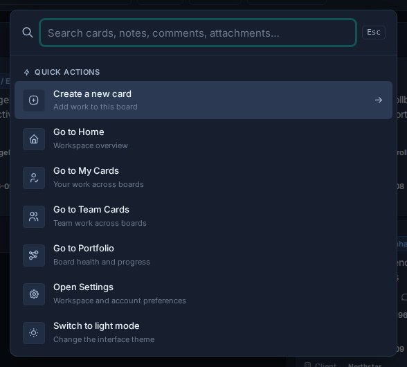 Kanera global search showing quick actions for creating work, navigating, opening settings, and changing theme.