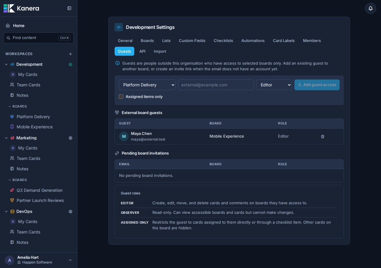 Workspace guest settings showing external board guests and pending board invitations.