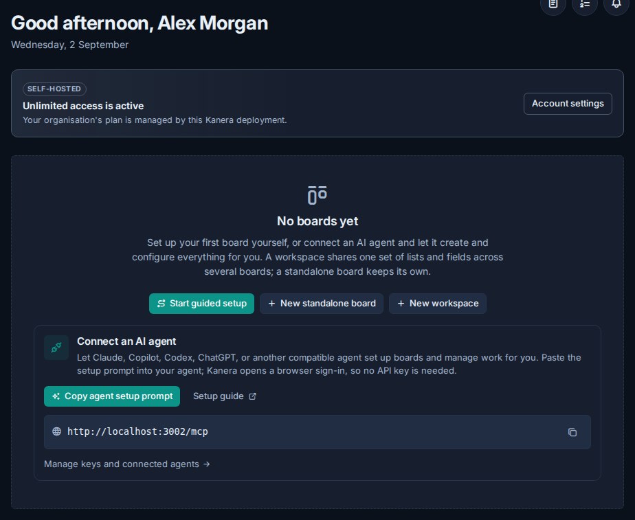 Kanera Home after onboarding was skipped, showing guided setup, direct board and workspace creation, and AI agent connection options.