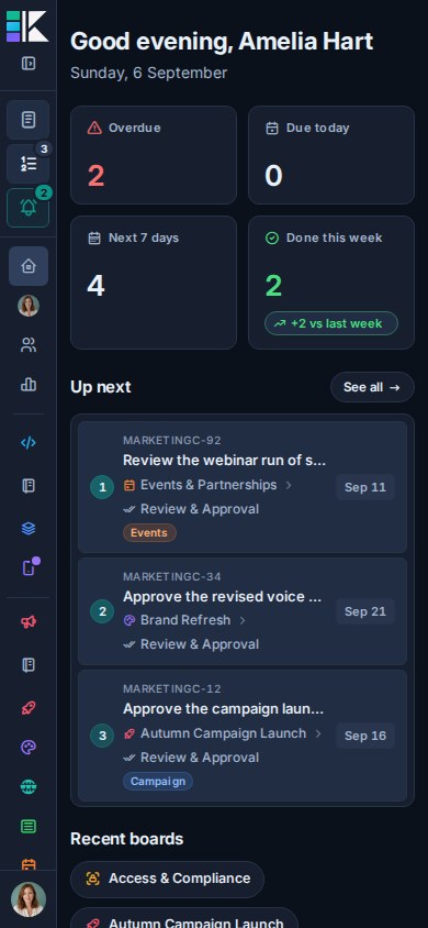 Kanera Home on mobile with focus tiles and the ranked Up next queue condensed for a narrow screen.