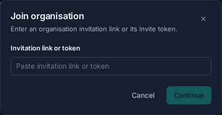 The dark-mode Join organisation dialog opened for Amelia Hart, with a field that accepts an invitation link or token.