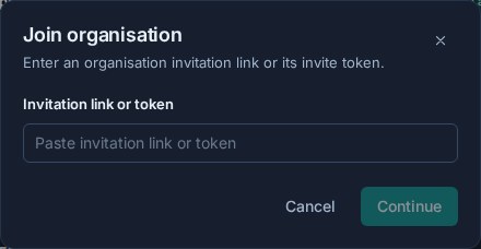 The dark-mode Join organisation dialog opened for Amelia Hart, with a field that accepts an invitation link or token.