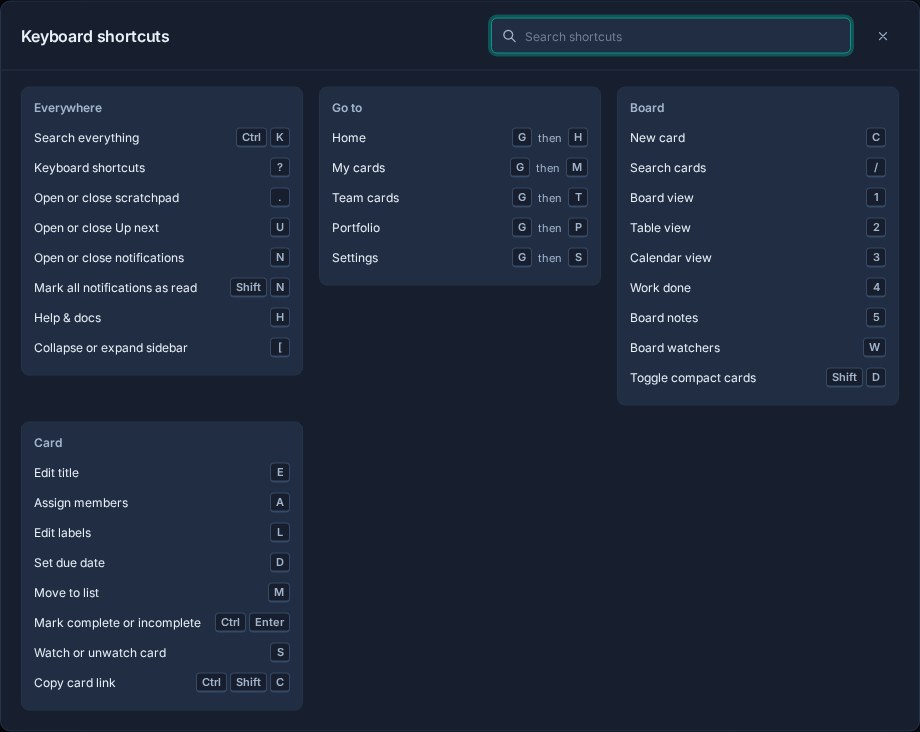 Kanera's searchable keyboard shortcut sheet open over a card, showing global, navigation, board, and card actions.
