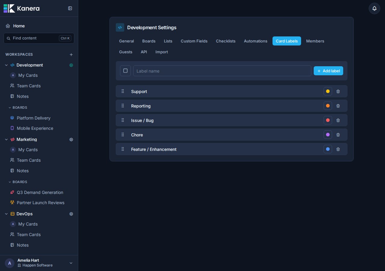Workspace card label settings with shared labels and colors.