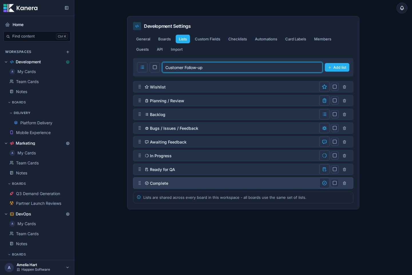 The list creation row in Workspace settings with icon, color, name, and Add list controls.