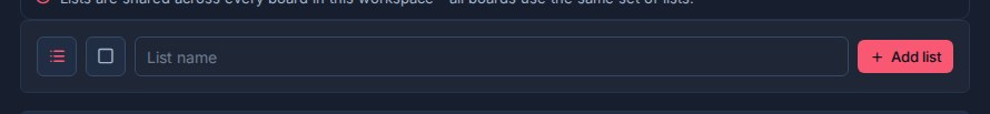 The list creation row in Workspace settings with icon, color, name, and Add list controls.