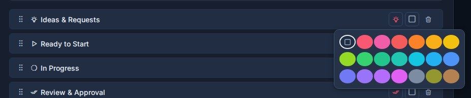 The list color picker open from a list row in Workspace settings.