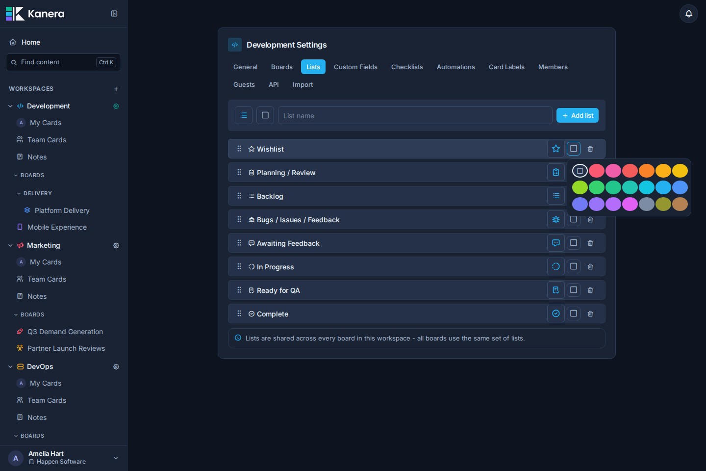 The list color picker open from a list row in Workspace settings.