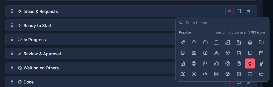 The list icon picker open from a list row in Workspace settings.