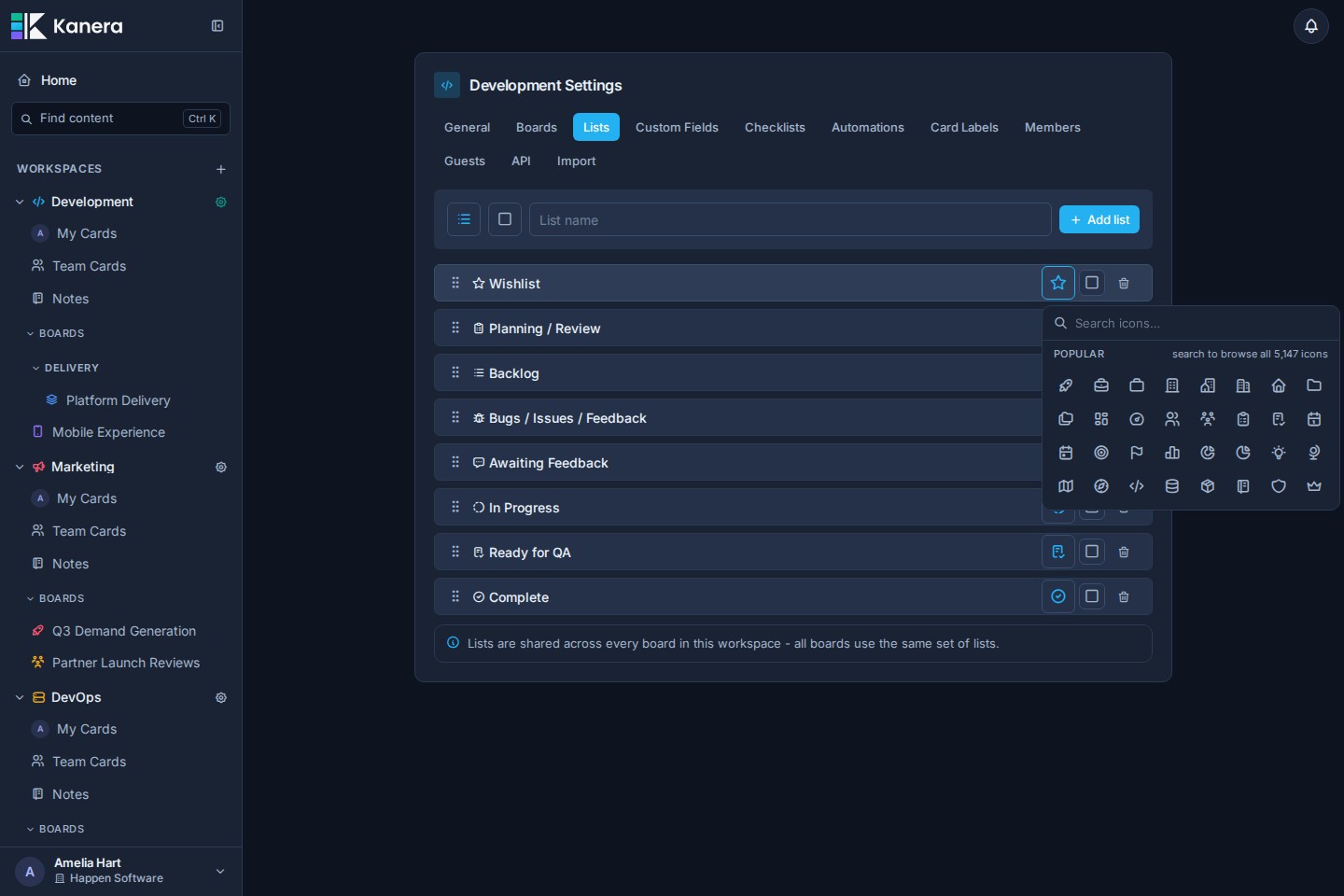 The list icon picker open from a list row in Workspace settings.