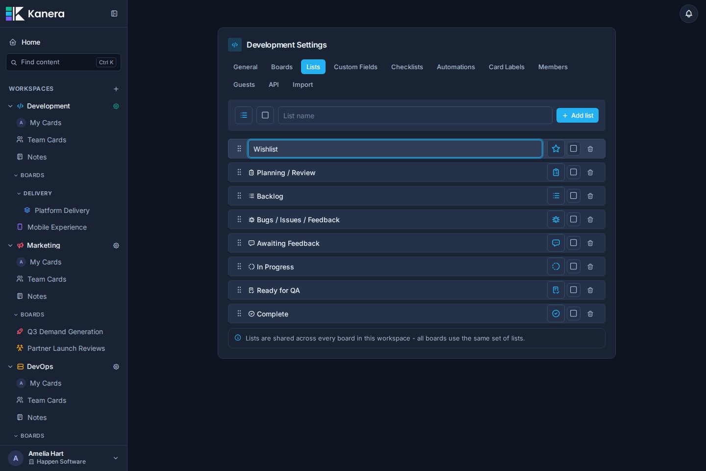 A list name being edited inline from the Lists settings page.