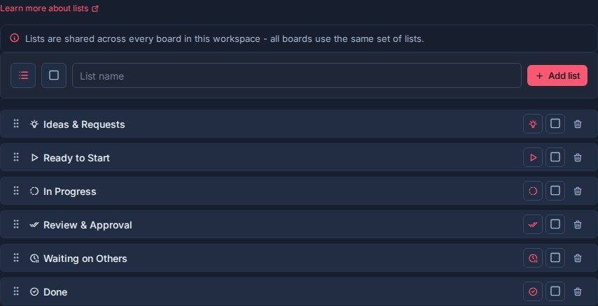 Workspace list settings showing shared list rows, icons, and colors.