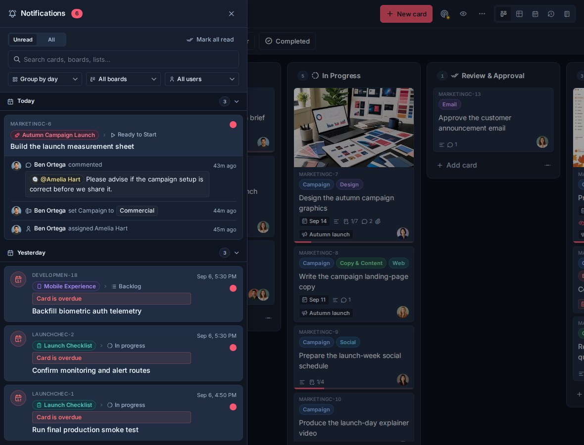 The Kanera notification drawer showing the Unread and All tabs, Mark all read, search and grouping controls, and notification cards grouped by date, including one card with its recent comment, field change, and assignment activity clustered together.