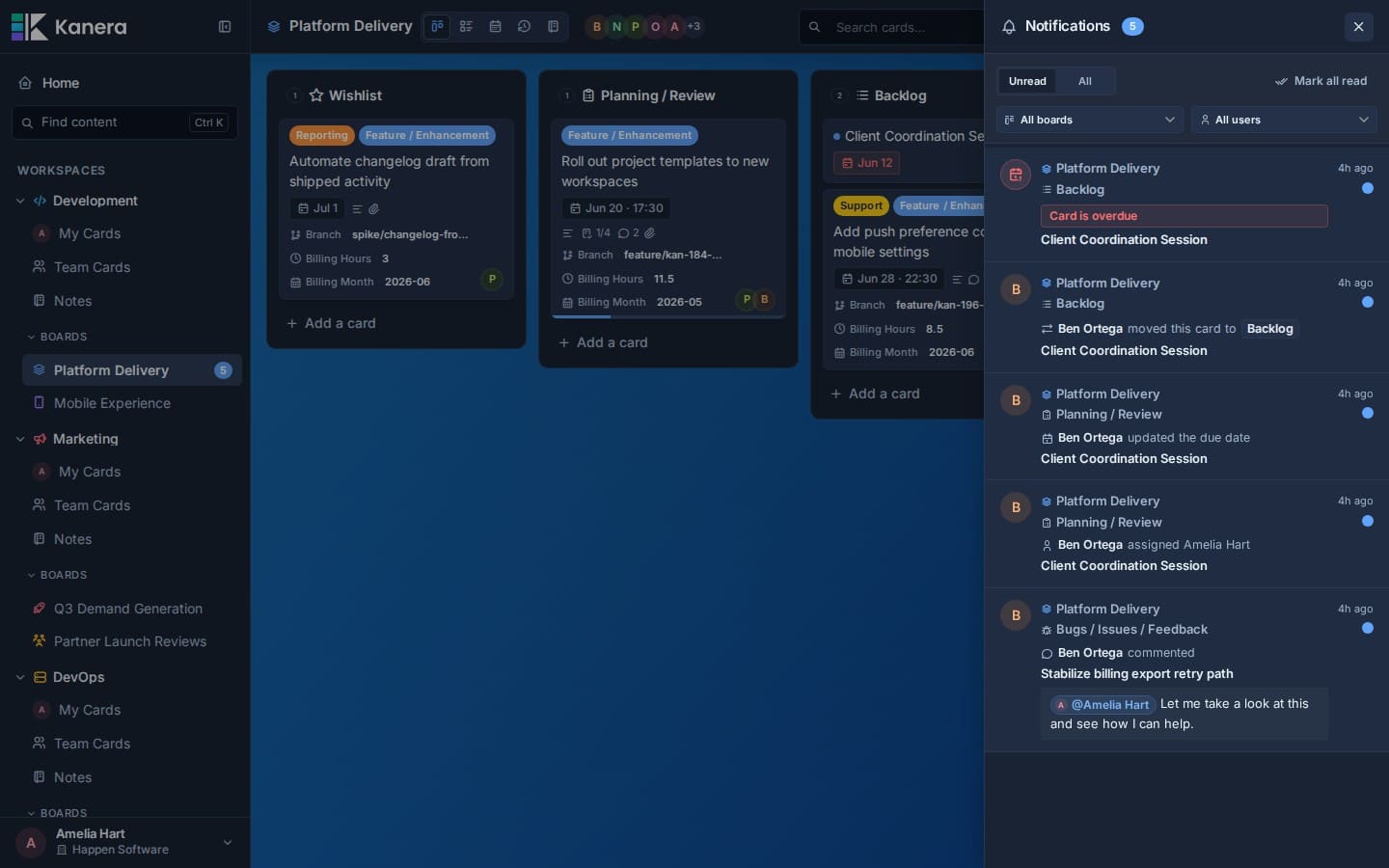 The Kanera notification drawer with filters for unread status, boards, and users.