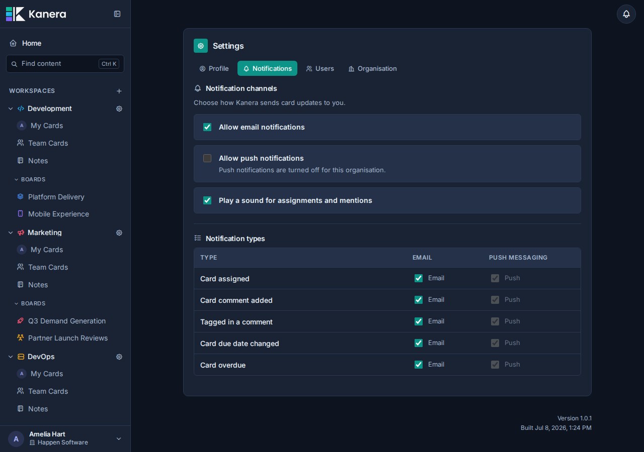 Personal notification settings available in the Kanera web app.