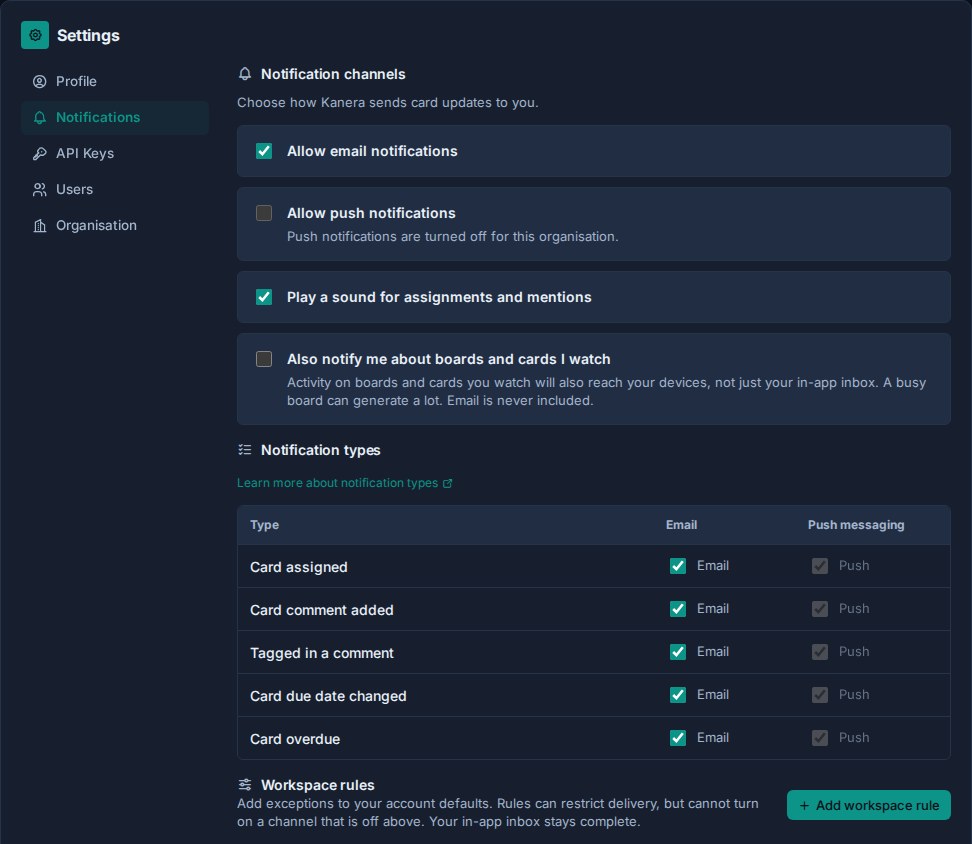 Personal notification settings with channel and notification type controls.