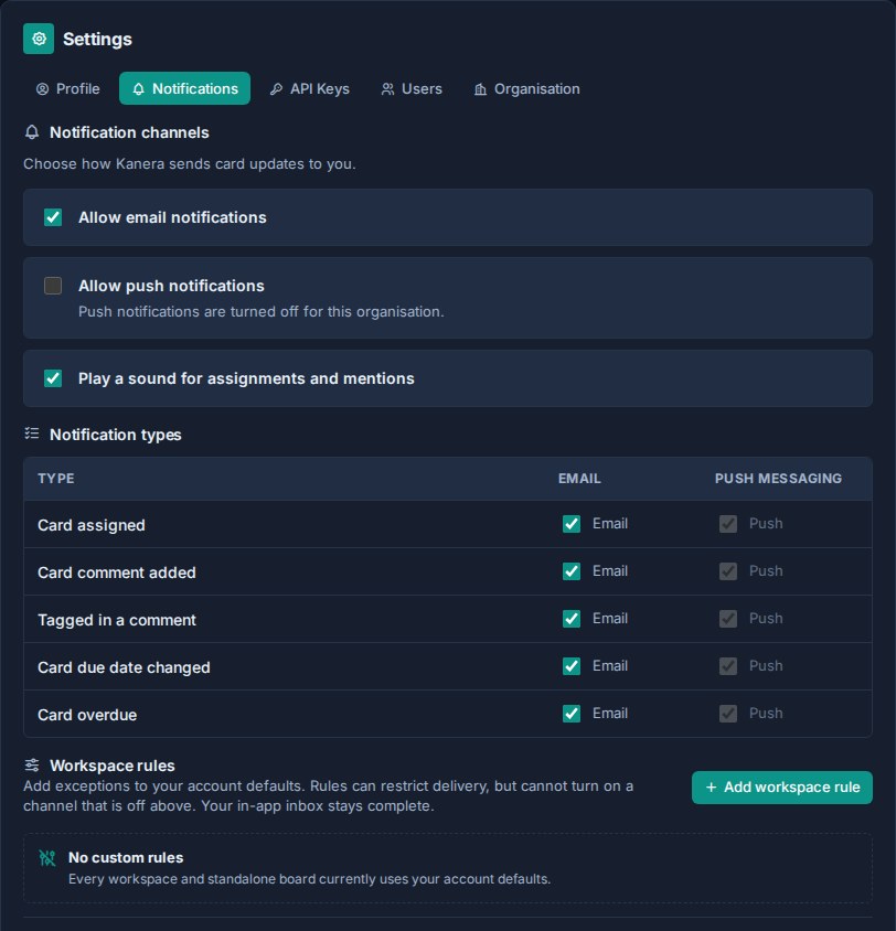 Personal notification settings after Kanera is running.