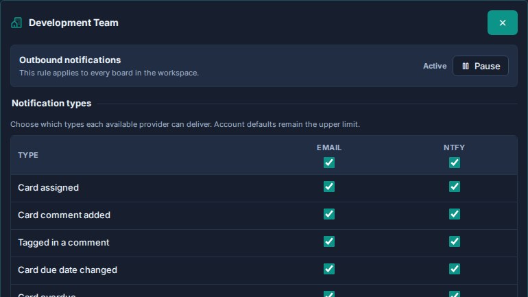 The Development Team workspace rule editor, showing delivery still active, a Pause control, and the grid of notification types for the Email channel.