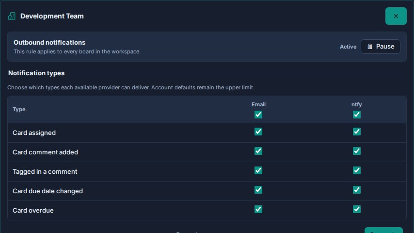 The Development Team workspace rule editor, showing delivery still active, a Pause control, and the grid of notification types for the Email channel.
