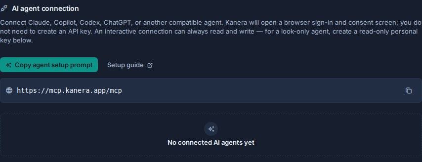 Kanera profile settings showing the MCP address, setup prompt action, and connected-agent management.