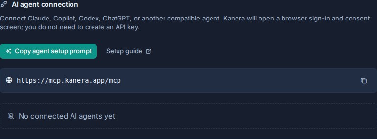 Kanera profile settings showing the MCP address, setup prompt action, and connected-agent management.