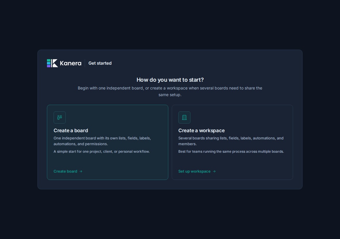 Kanera onboarding offers a standalone board or a workspace as two ways to start.