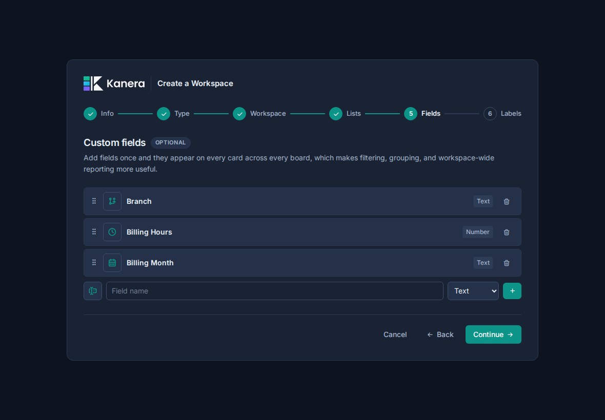 The onboarding step for reviewing workspace custom fields.