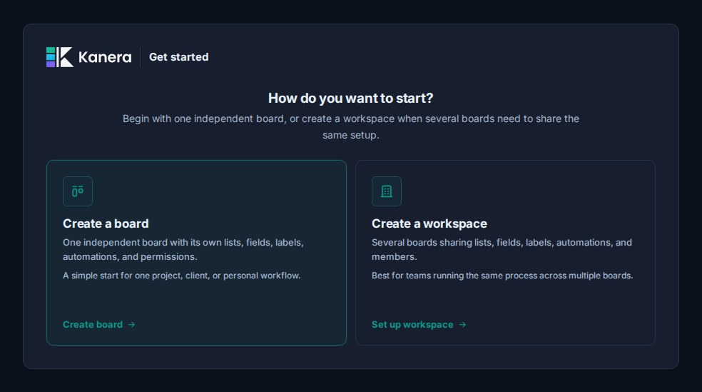 Kanera onboarding asking whether to create one independent board or a workspace with shared setup.