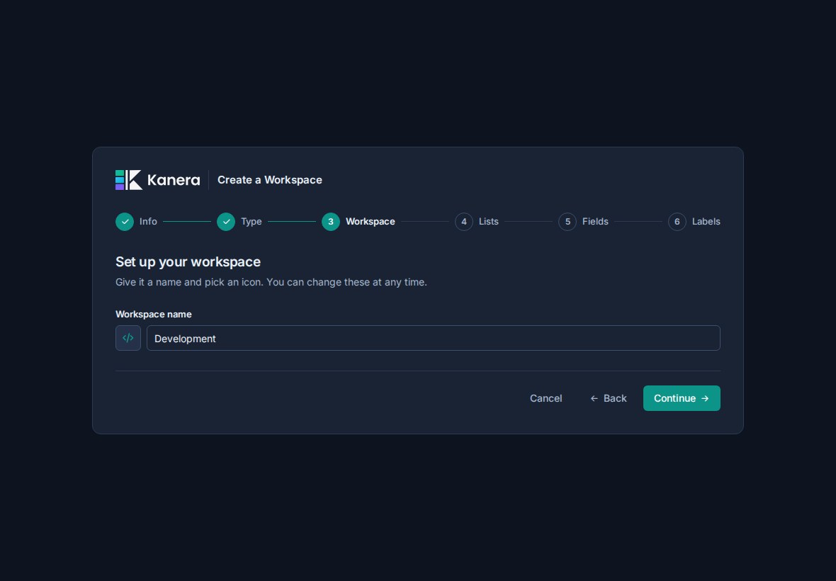 The workspace details step in Kanera onboarding.
