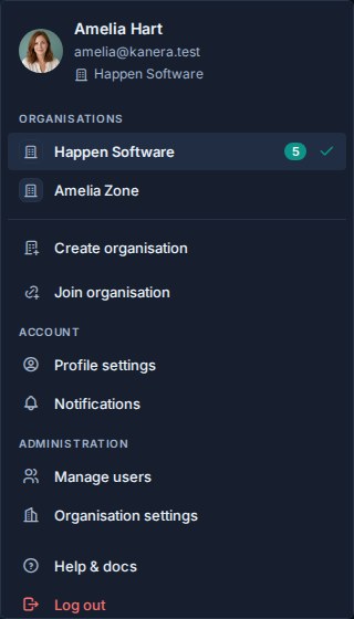 Amelia Hart's dark-mode user menu listing Happen Software and a second organisation, with Happen Software active and actions to create or join an organisation.