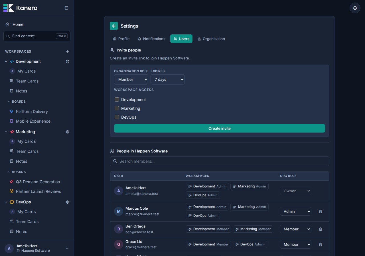 Organisation user settings with invite and user management controls.