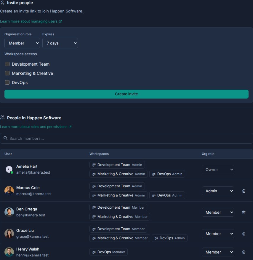 Organisation user settings with invite and user management controls.