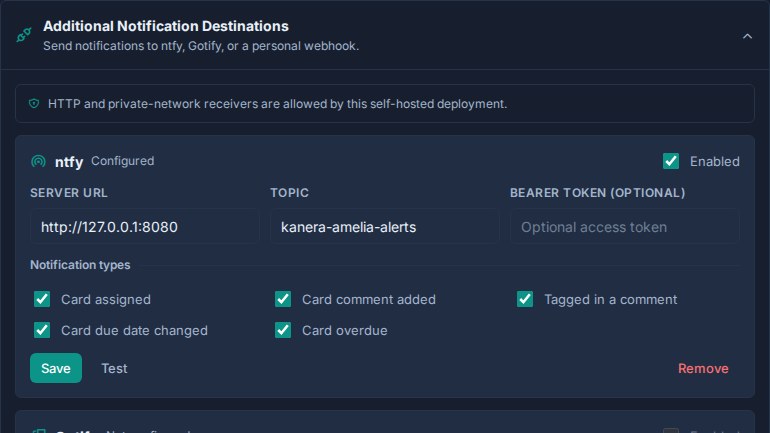 Additional Notification Destinations expanded to the ntfy setup card, with the private-network policy, connection fields, and notification type controls.