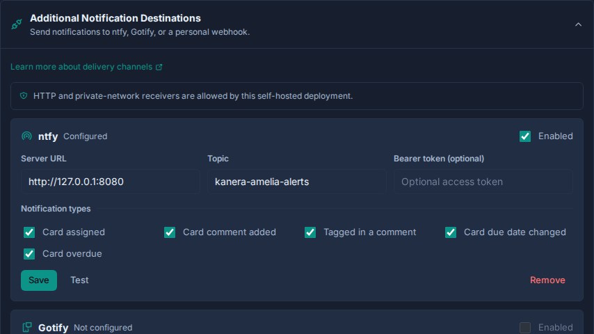 Additional Notification Destinations expanded to the ntfy setup card, with the private-network policy, connection fields, and notification type controls.