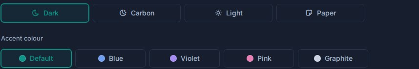 Kanera Profile settings showing Dark, Carbon, Light, and Paper themes with Default, Blue, Violet, Pink, and Graphite accent choices.