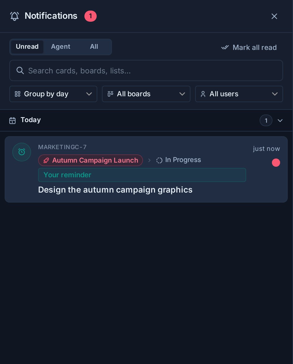 A Kanera reminder notification at the top of the notification drawer, with an alarm icon, the card key and board, a Your reminder label, and the card title.