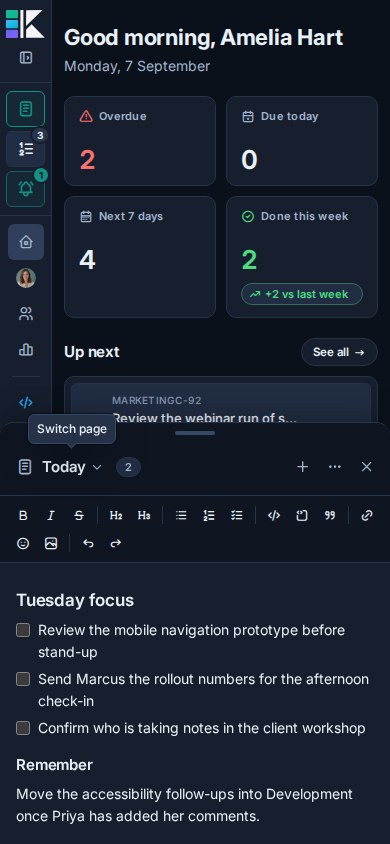 Kanera Scratchpad as a bottom sheet on a mobile-width screen, with Amelia's Today page open.