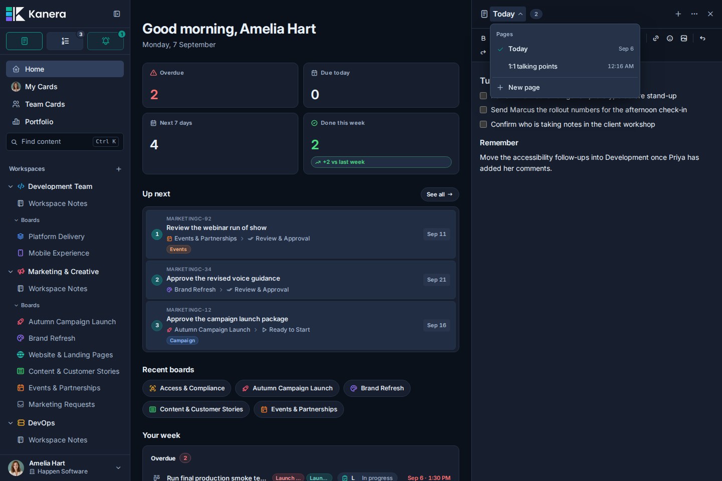 The Scratchpad page list opened from the current page name, showing named pages, updated times, and the New page action.
