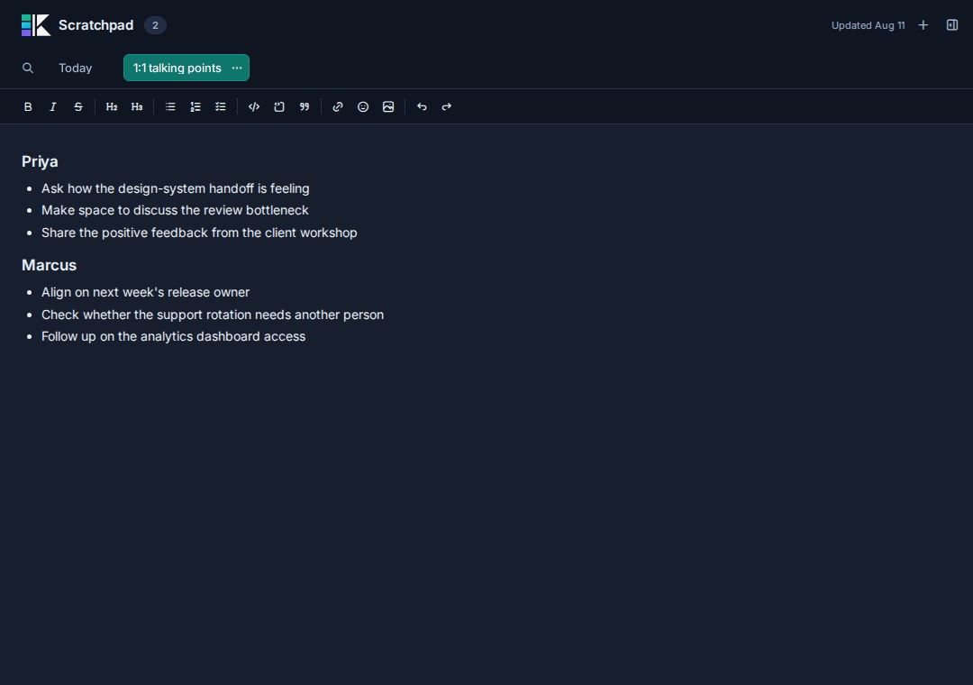 Kanera Scratchpad opened as a focused page, showing Amelia's private 1:1 talking points.