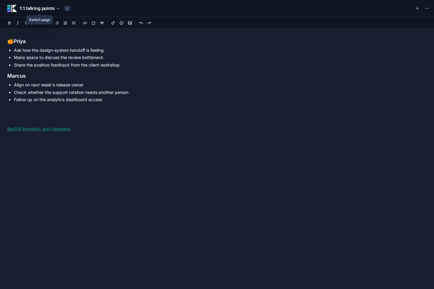 Kanera Scratchpad opened as a focused page, showing Amelia's private 1:1 talking points.