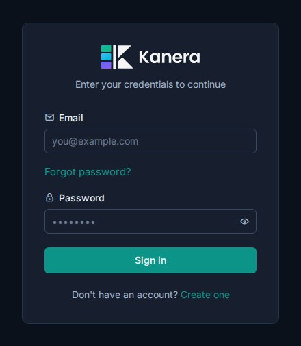 The Kanera sign-in form in dark mode with Email, Password, and Sign in controls.