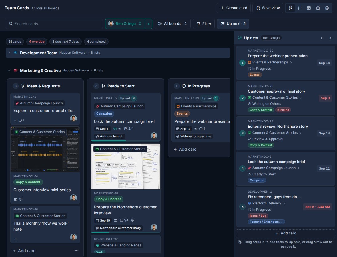Team Cards focused on Ben Ortega with Development Team collapsed and his ranked Up next queue open beside Marketing work.