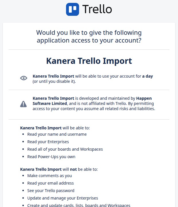 The Trello authorization popup asking to grant Kanera Trello Import read access.