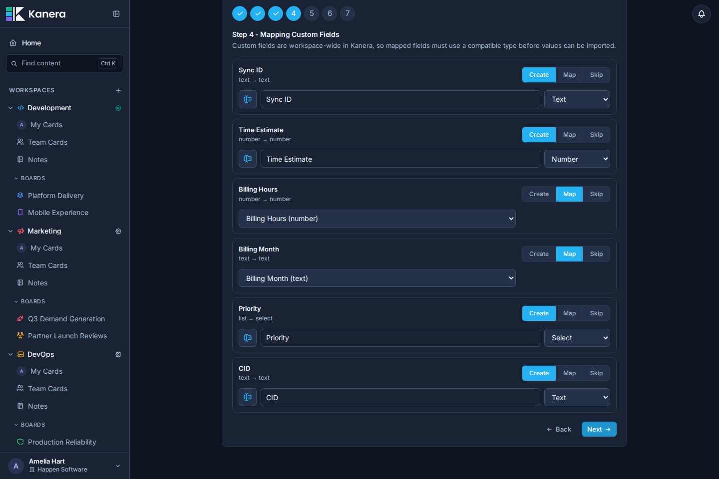 The Trello import custom field mapping step showing source field types and Kanera field types.