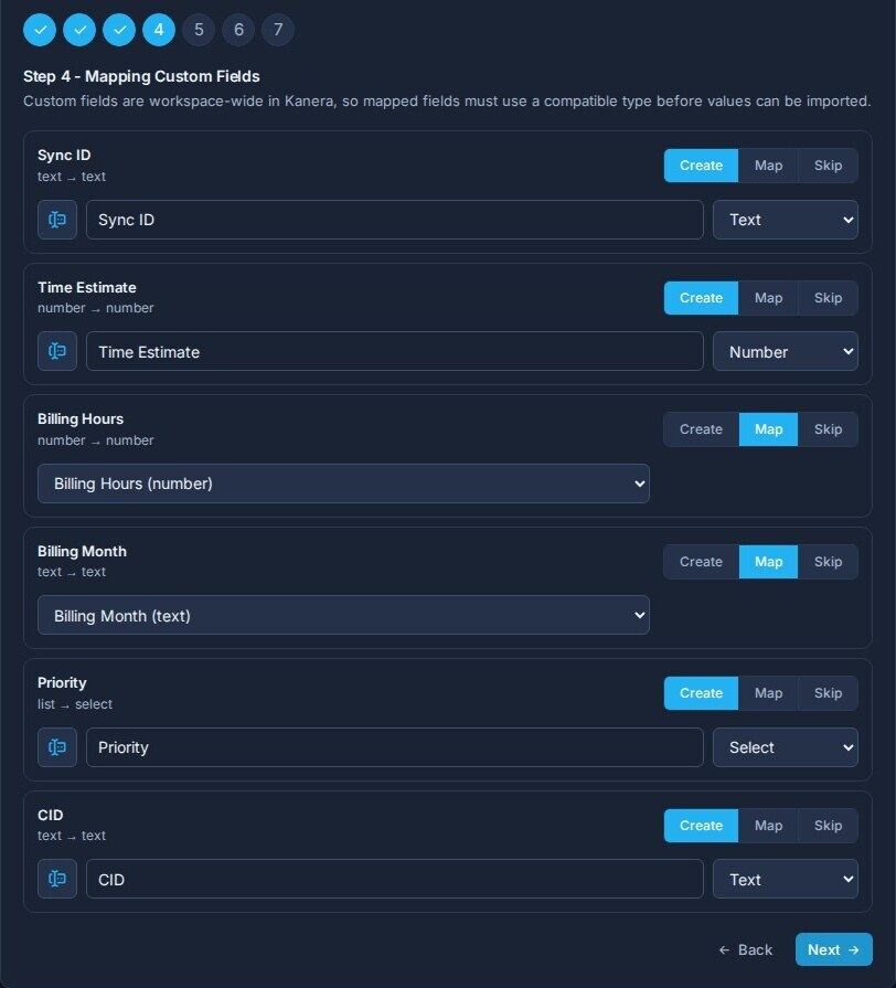 The Trello import custom field mapping step showing source field types and Kanera field types.