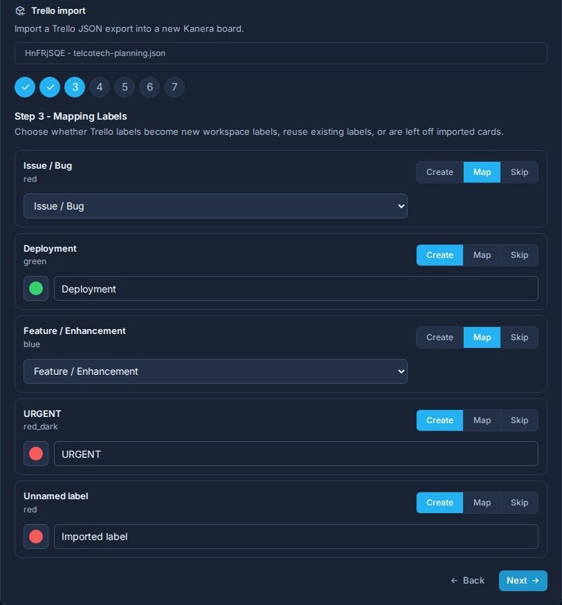 The Trello import label mapping step with imported labels and color choices.